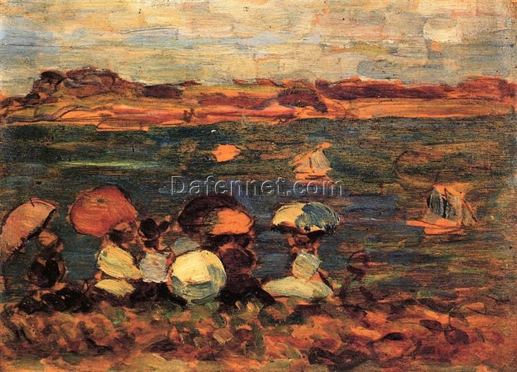 Beach Scene, St. Malo by Maurice Prendergast – Post-Impressionist Oil on Panel (c. 1907)