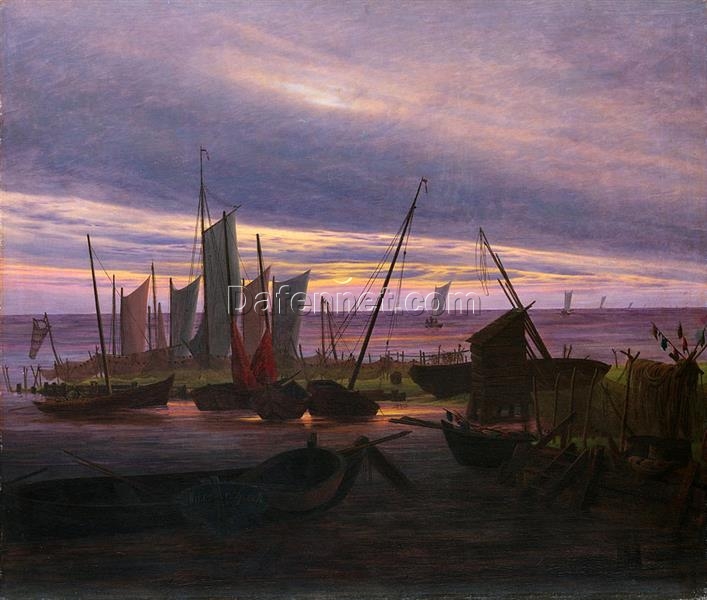 Romantic Marina Oil Painting Boats in the Harbour at Evening by Caspar David Friedrich (1828) – Seascape Art for Home and Office Decor