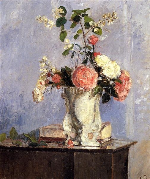 Bouquet of Flowers” by Camille Pissarro – 1873 Impressionist Oil on Canvas Floral Art