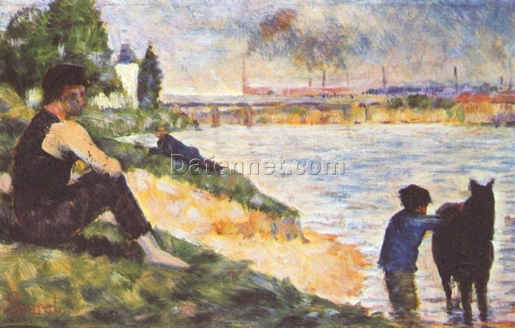 Hand-Painted Georges Seurat ‘Boy with Horse’ Oil Painting – Post-Impressionist Genre Art on Wood from Dafen Village Studi