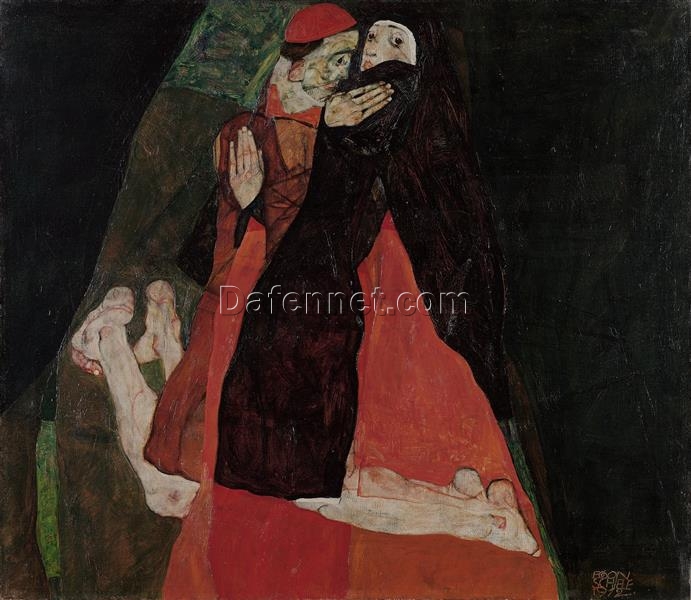 Egon Schiele Cardinal and Nun (Caress) – 1912 Expressionist Oil Painting on Canvas