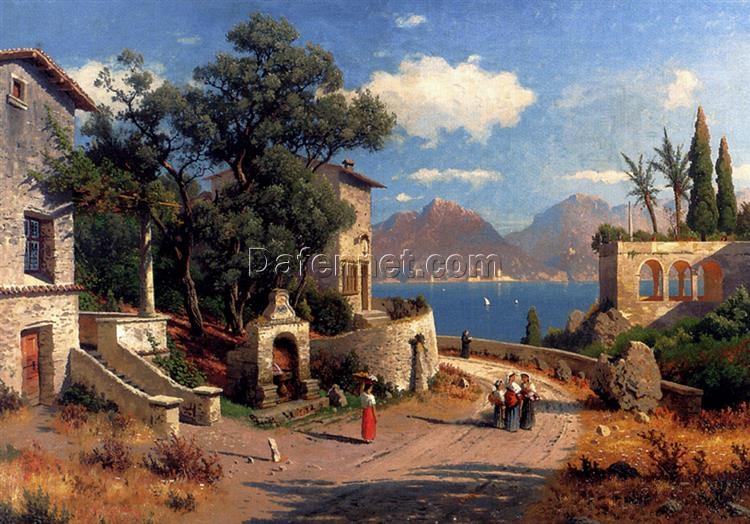 Carl Gustav Rodde’s ‘An Italian Village by a Lake’ (1892) – Exquisite Oil Reproduction of Romantic Landscape Art