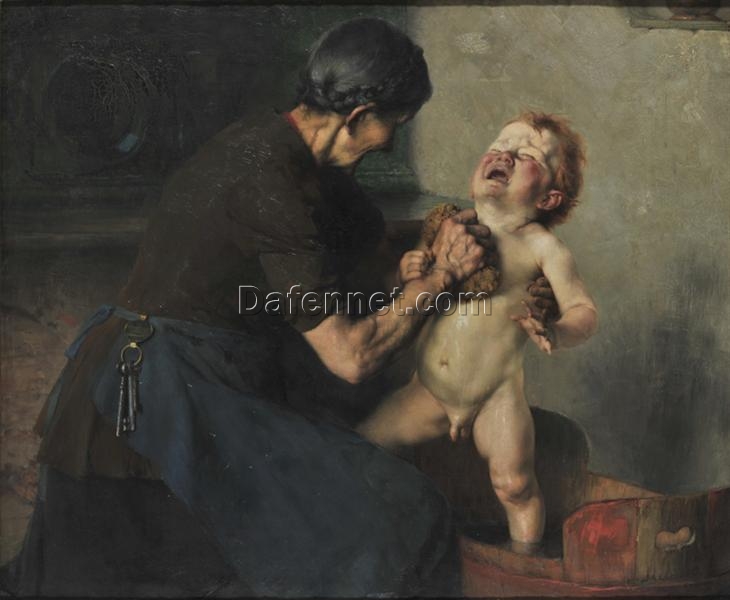 Cold Shower by Georgios Jakobides – Realism Genre Oil Reproduction on Canvas (1898)