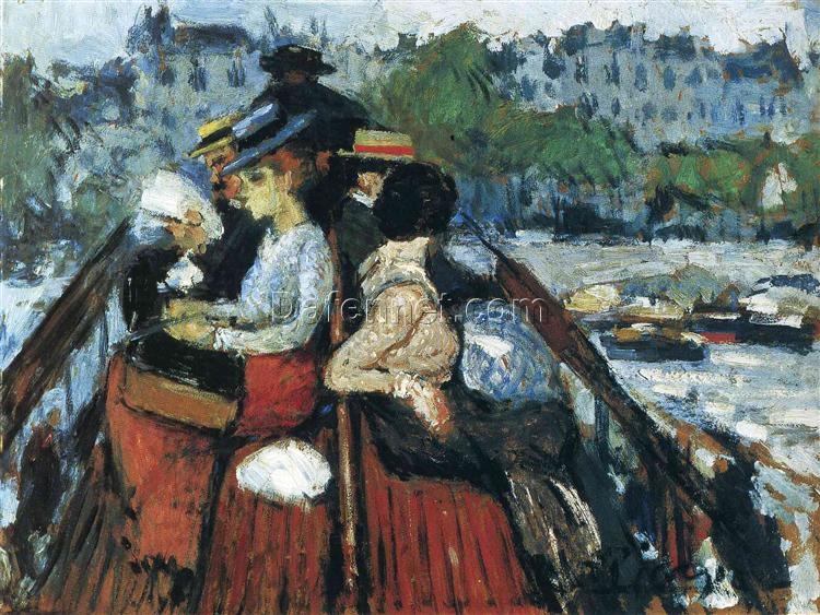 Inspired by Picasso: Crossing the Seine on the Upper Deck – 1901 Blue Period Genre Oil Painting