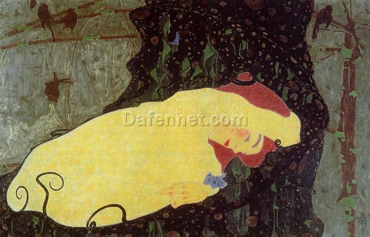 Egon Schiele Danae Oil Painting – 1909 Art Nouveau Mythological Canvas Artwork