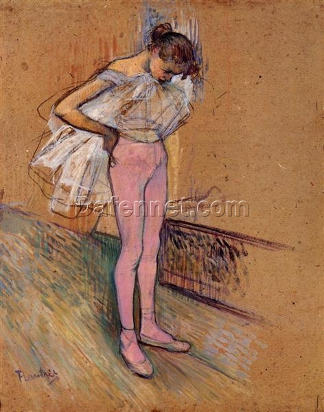 Art Nouveau Dancer Adjusting Her Tights by Henri de Toulouse-Lautrec – 1890 Oil on Board