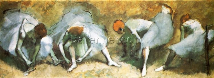 Dancers Tying Shoes (1883) by Edgar Degas – Impressionist Oil Painting of Ballet Preparation