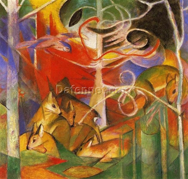 Hand-Painted Franz Marc ‘Deer in the Forest’ Oil Painting – Cubist Wildlife Art on Canvas from Dafen Village Studio