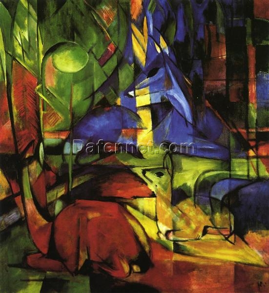 Hand-Painted Franz Marc ‘Deer in the Forest II’ Oil Painting – Cubist Wildlife Art on Canvas from Dafen Village Studio