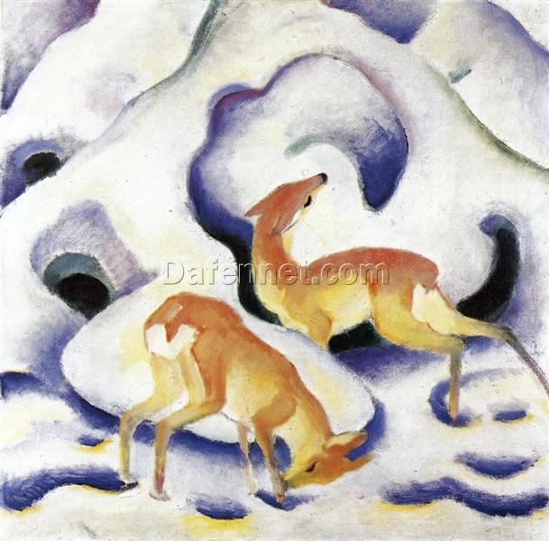 Hand-Painted Franz Marc ‘Deer in the Snow’ Oil Painting – Expressionist Wildlife Art on Canvas from Dafen Village Studio