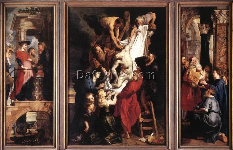 Baroque Religious Triptych Descent from the Cross by Peter Paul Rubens – Oil on Panel