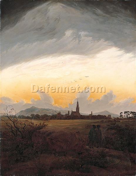 Romantic Landscape Oil Painting Neubrandenburg in the Morning Mist by Caspar David Friedrich (c.1816) – Atmospheric Cloudscape Art for Home and Office Decor