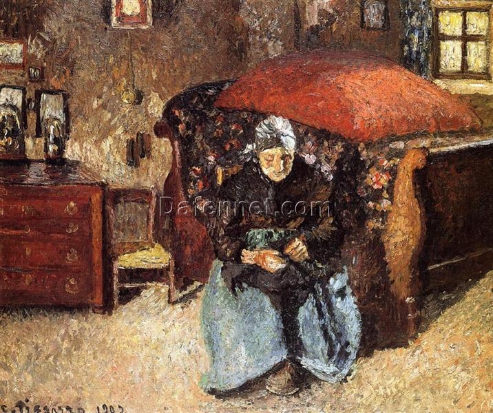 Elderly Woman Mending Old Clothes, Moret” – Camille Pissarro 1902 Oil Painting, Impressionist Portrait