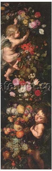 Festoon of Flowers and Fruits with Angels – Baroque Still Life by Peter Paul Rubens