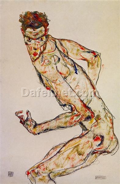 Expressionist Nude Oil Painting ‘Fighter’ – Egon Schiele 1913 Inspired Artwork