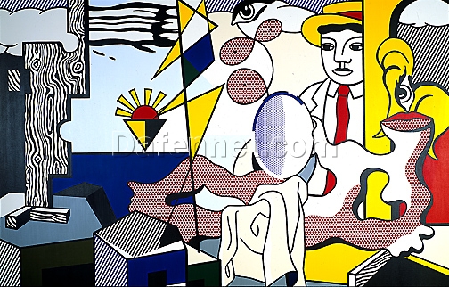 Roy Lichtenstein Inspired Figures with Sunset – Cubist Abstract Oil and Magna Painting