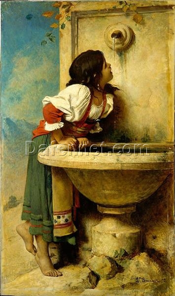 Handcrafted Realist Genre Art – Roman Girl at the Fountain by Leon Bonnat, Elegant 1875 Replica