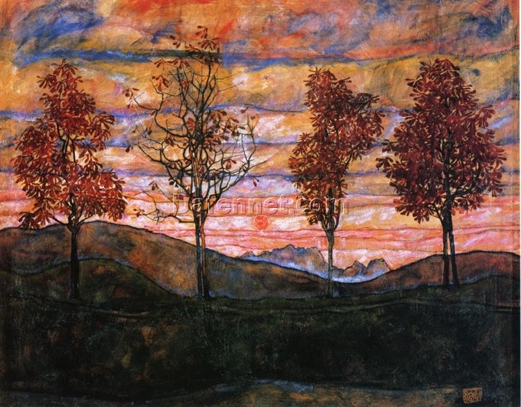 Egon Schiele Four Trees – 1917 Art Nouveau Oil Painting on Canvas, 110.5×141 cm