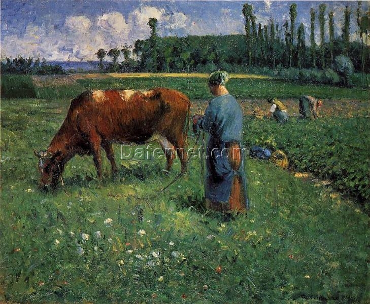 Girl Tending a Cow in Pasture” – Camille Pissarro 1874 | Impressionist Landscape Oil Painting