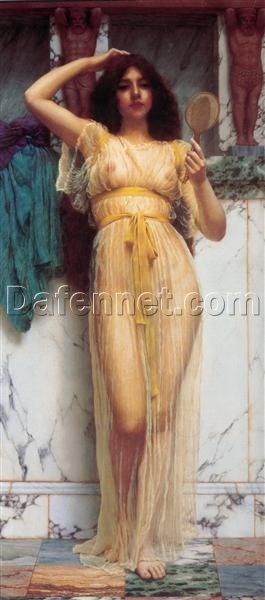 Girl with a Mirror by John William Godward | 1892 Neoclassical Portrait Oil Painting