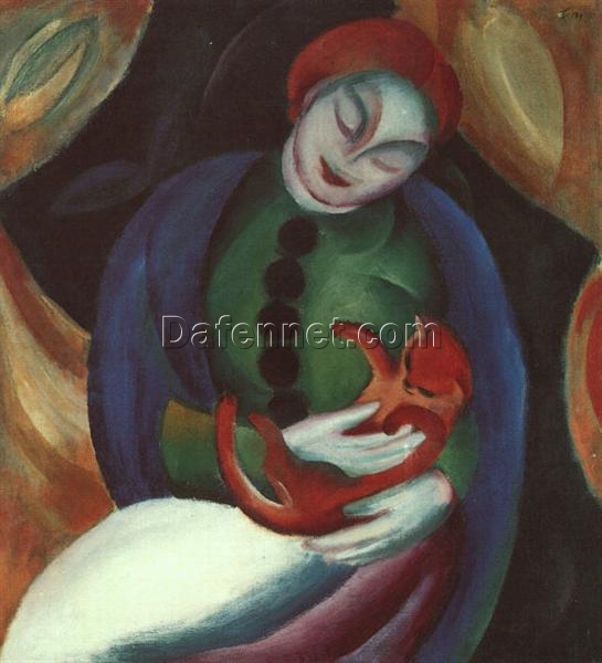 Hand-Painted Franz Marc ‘Girl with Cat II’ Oil Painting – Expressionist Genre Art on Canvas from Dafen Village Studio