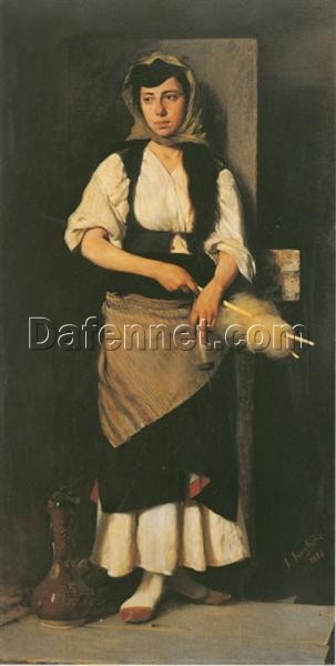 Realism Portrait: Girl with Distaff and Spindle by Georgios Jakobides – Oil Reproduction on Canvas