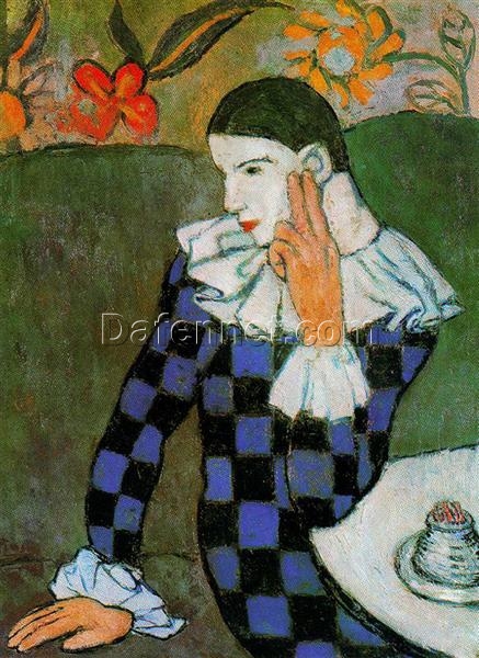 Inspired by Picasso: Harlequin Leaning – 1901 Post-Impressionist Portrait in Oil on Canvas