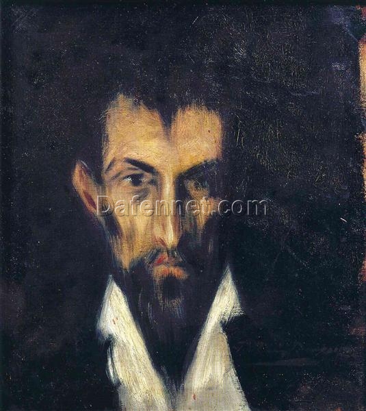 Inspired by Picasso: Head of a Man in El Greco Style – 1899 Early Years Portrait in Oil on Canvas