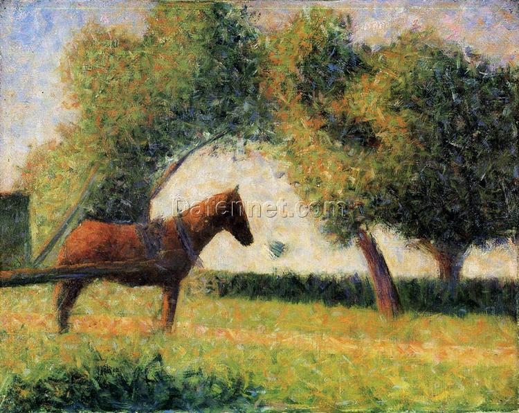 Horse and Cart by Georges Seurat – Pointillism Landscape Oil Painting Reproduction