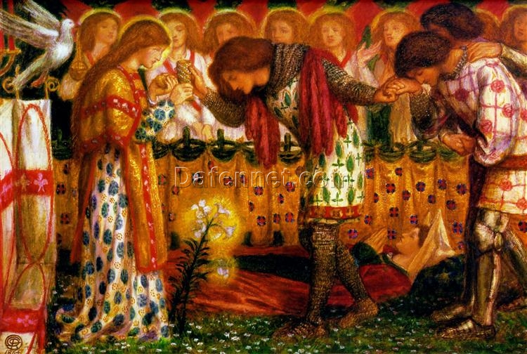 How Sir Galahad, Sir Bors, and Sir Percival Were Fed with the Sanct Grael” by Dante Gabriel Rossetti – 1864, Literary Painting in Watercolor