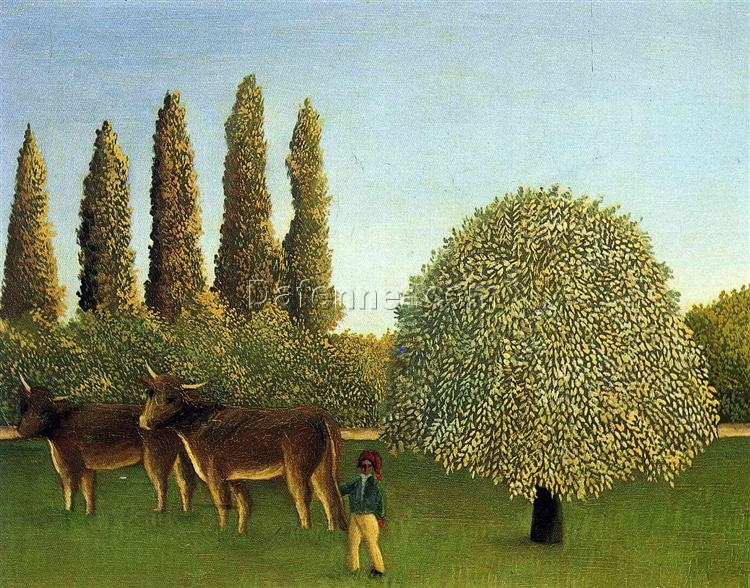 Hand-Painted Henri Rousseau In the Fields – 1910 Naïve Art Genre Oil Painting | Canvas Reproduction of Rural Landscape with Figures