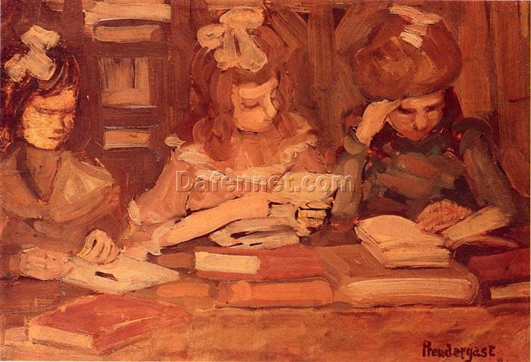 In the Library (Three School Girls) by Maurice Prendergast – Post-Impressionist Oil on Panel (c. 1902-1906)