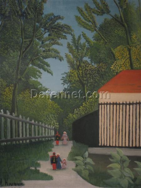 Hand-Painted Henri Rousseau Landscape in Montsouris Park with Five Figures – 1910 Naïve Art Oil Painting | Canvas Reproduction of Parisian Greenery and Figures