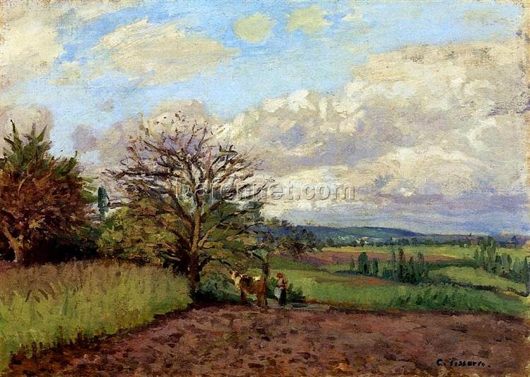 Impressionist Landscape with Cowherd” by Camille Pissarro – Oil Painting, c.1872