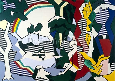 Landscape with Figures and Rainbow – Cubist Oil Painting Inspired by Roy Lichtenstein, Magna on Canvas