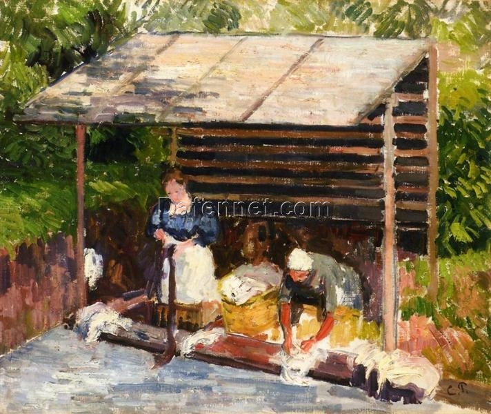 Laundresses at Eragny” (1898) – Authentic Camille Pissarro Impressionist Landscape