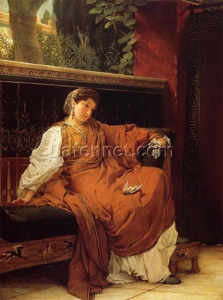 Lesbia Weeping over a Sparrow – Romantic Portrait Oil Painting by Sir Lawrence Alma-Tadema (1866)