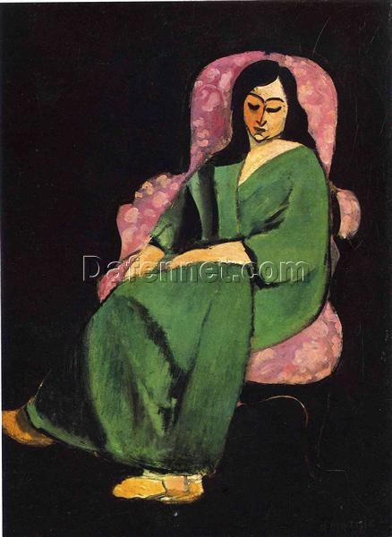 Henri Matisse Inspired Portrait – ‘Lorette in a Green Robe against a Black Background’ (1916) – Hand-Painted Oil on Canvas Reproduction