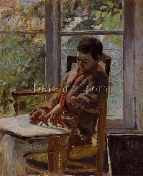 Impressionist Portrait of Lucien Pissarro in an Interior – 1875 Oil Painting by Camille Pissarro