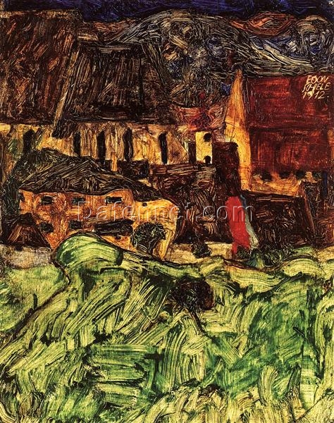 Meadow, Church and Houses” by Egon Schiele – Expressionist Landscape Oil Painting