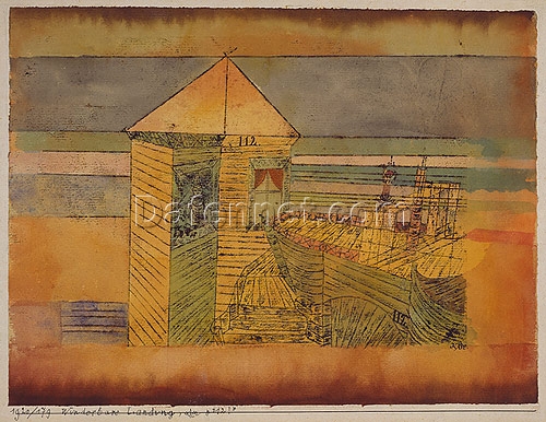 Miraculous Landing by Paul Klee – 1920 Expressionist Cityscape in Watercolor & Paper