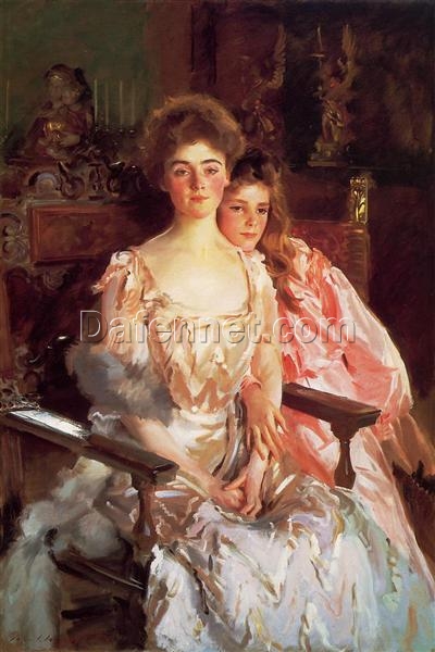 Oil Painting Inspired by John Singer Sargent’s Mrs. Fiske Warren (Gretchen Osgood) and Her Daughter Rachel – Realistic Portrait Art on Canvas