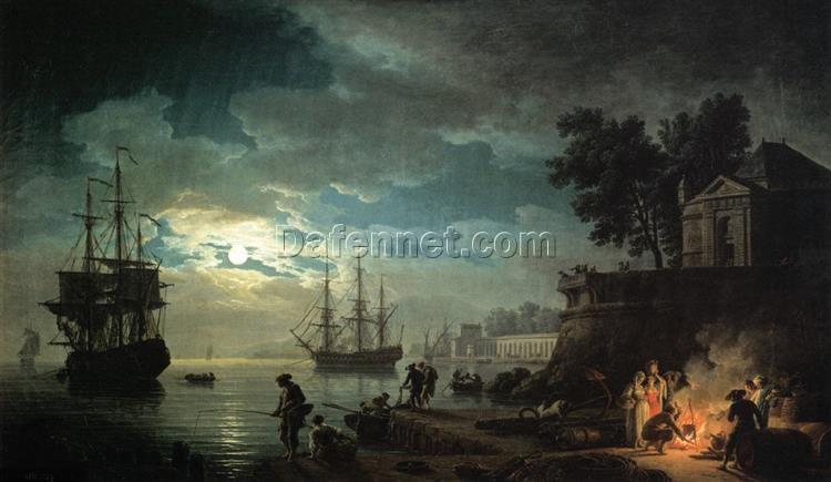 Claude-Joseph Vernet’s Night: A Port in the Moonlight – 1748 Neoclassical Marina Painting Replica