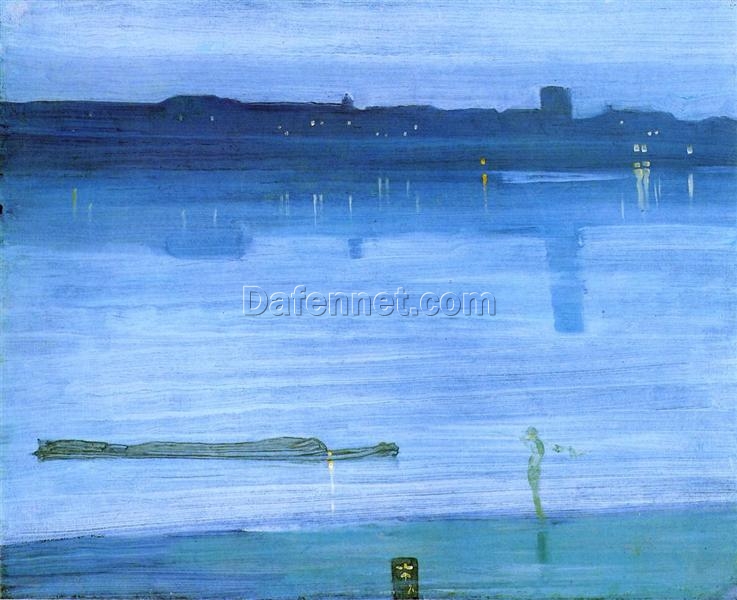 Nocturne, Blue and Silver: Chelsea – 1871 Tonalist Landscape Oil Painting by Whistler