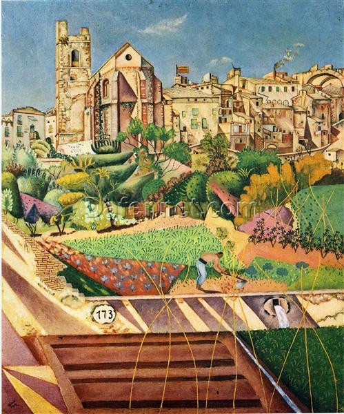 Hand-Painted Joan Miró Church and the Village of Montroig – Cubism & Naïve Art Landscape (c.1918-1919) | Oil Canvas Reproduction