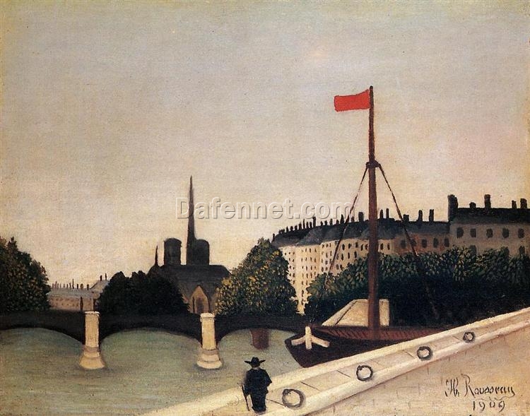 Hand-painted Henri Rousseau Notre Dame View of the Ile Saint Louis – 1909 Naïve Art Cityscape | Canvas Reproduction of Parisian Charm