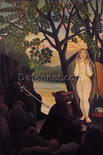 Hand-painted Henri Rousseau Nude and Bear – 1901 Naïve Art Genre Oil Painting | Canvas Reproduction of Iconic Scene