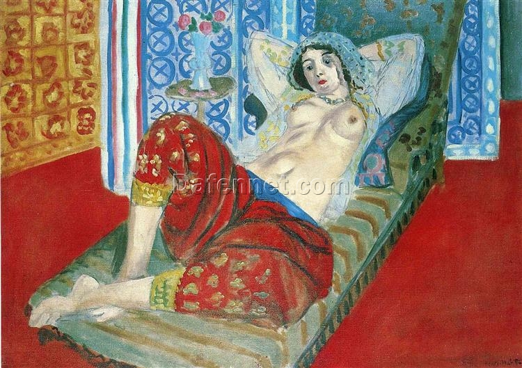 Post-Impressionist Oil Painting Inspired by Matisse: Odalisque in Red Culottes – Nude Portrait on Canvas