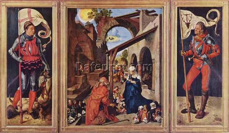 Northern Renaissance Albrecht Dürer ‘Paumgartner Altarpiece’ Oil Painting – Religious Art with The Nativity, St. George & St. Eustace