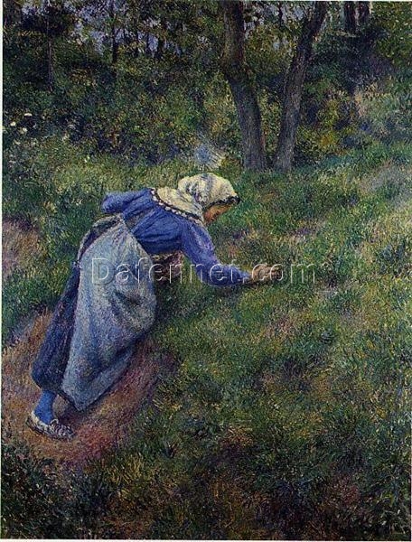 Peasant Gathering Grass” by Camille Pissarro – 1881 | Oil Painting of French Rural Life